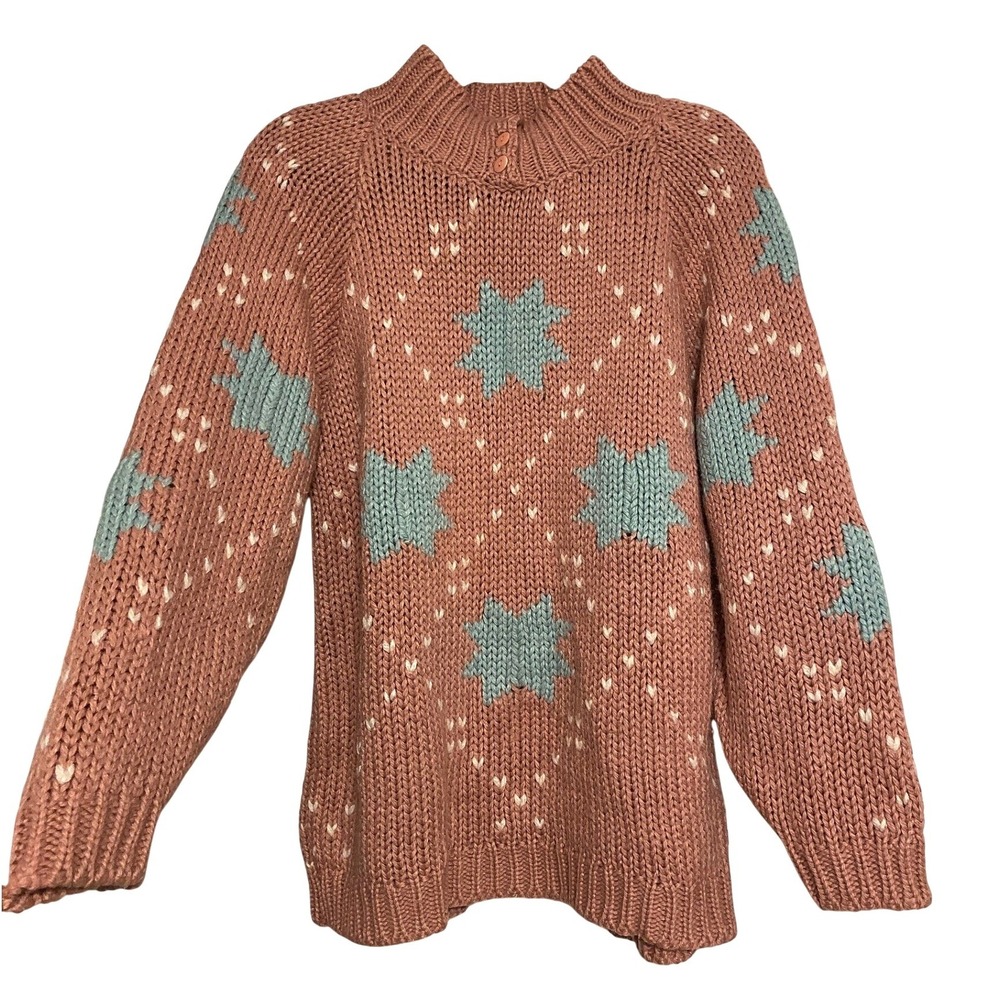 Vintage 1980s Crochet‎ Chunky Knit Mock Neck Pink Sweater Large Grandma Cozy Ski